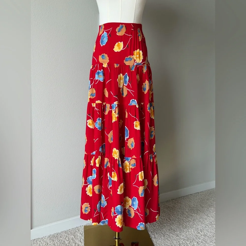 Gotca Covered Boho Vintage Rayon Floral Red Peasant Maxi Skirt - Made in USA